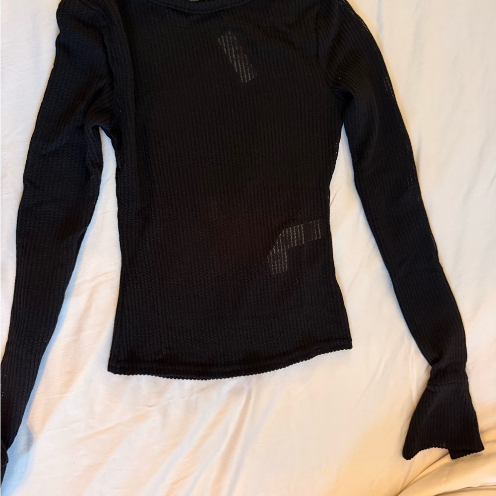 PrettyLittleThing Sheer Black Soft Ribbed Long Sleeve Tee